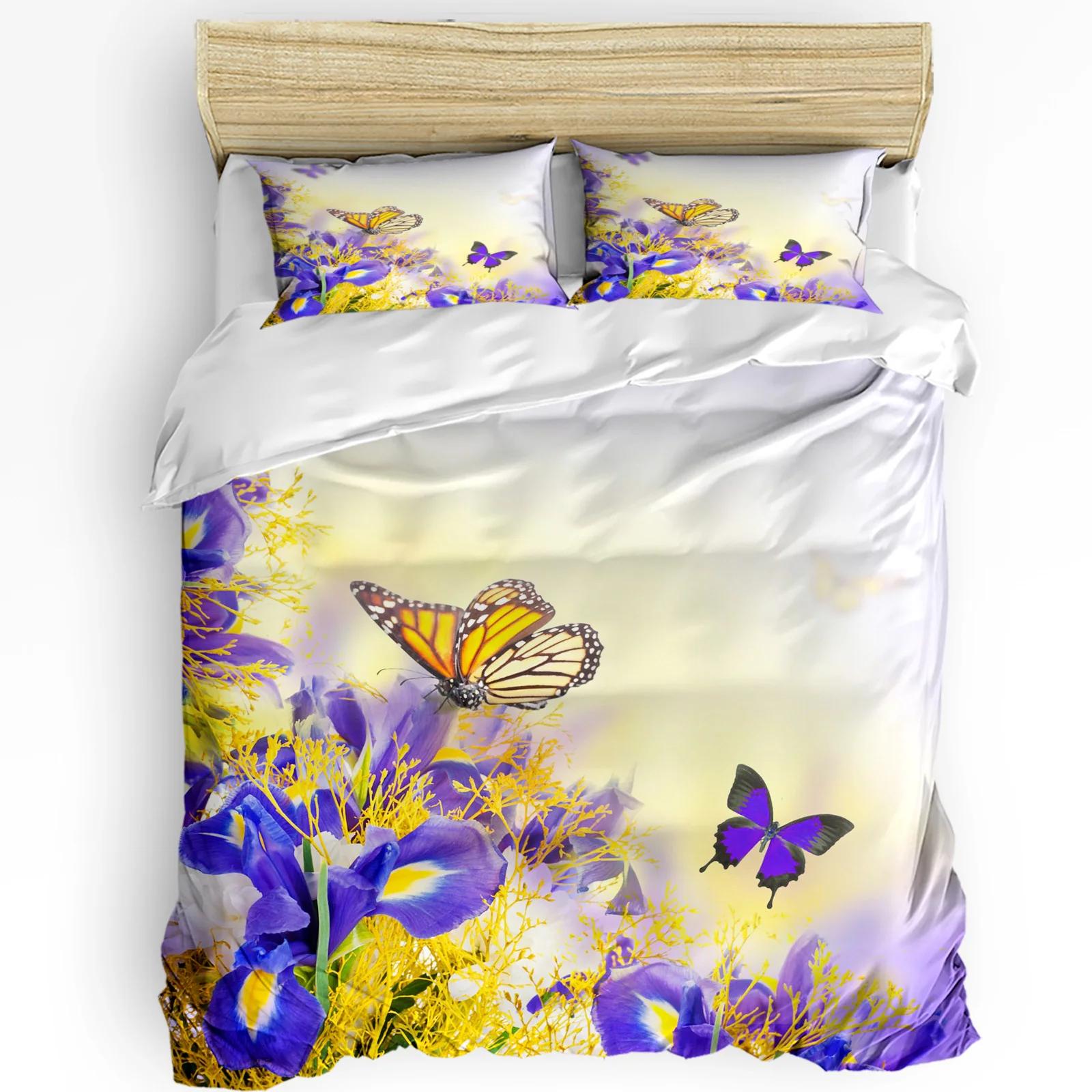 Iris Flower Butterfly Purple Bedding Set 3pcs Duvet Cover Pillowcase Kids Adult Quilt Cover Double Bed Set Home Text